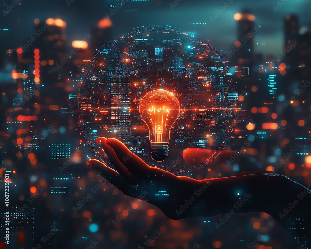 Poster technologydriven global connection concept with hand holding a glowing light bulb and digital interf