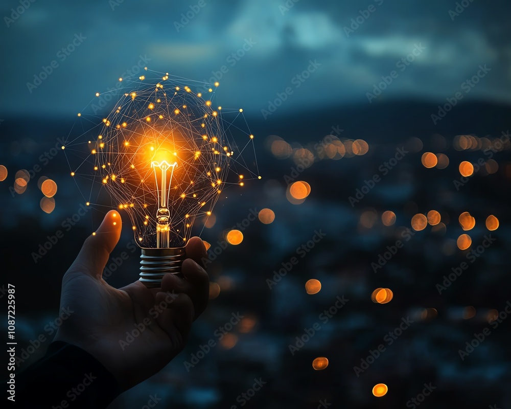 Leinwandbilder technologydriven global connection concept with hand holding a glowing light bulb and digital interf