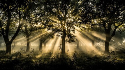 The earliest rays of sunlight break through the trees in a misty forest capturing the peaceful beauty of a new day beginning