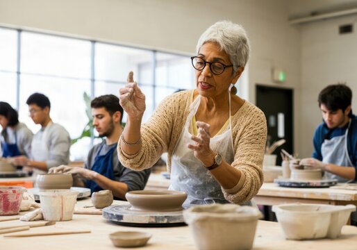 Senior pottery teacher explaining pottery making techniques to students working on pottery wheels in an art workshop