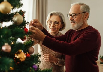 Happy senior couple decorating christmas tree with colorful ornaments at home