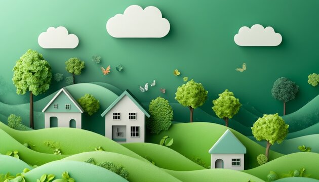 Green abstract wallpaper featuring houses and apartments, designed for a mortgage website, includes text area for information.