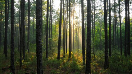 Fototapeta premium Sunlight Filtering Through a Serene Forest of Tall Pines
