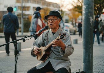 Obraz premium Elderly street musician playing a traditional stringed instrument and singing into a microphone in a public space