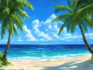 lush tropical beach scene with swaying palm trees and a sparkling ocean view, painted in vibrant hues of blue and green. the tranquil atmosphere invites relaxation and escape