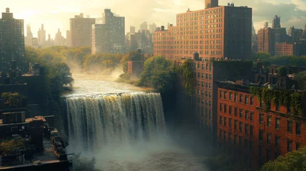 Fotobehang Urban Oasis, a vibrant scene where a waterfall flows over city rooftops, transforming architecture into serene natural pools. © paisorn