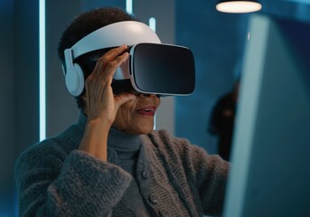 Black senior software engineer experiencing virtual reality using a vr headset in a modern office with blue neon lights