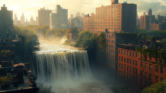 Urban Oasis, a vibrant scene where a waterfall flows over city rooftops, transforming architecture into serene natural pools.