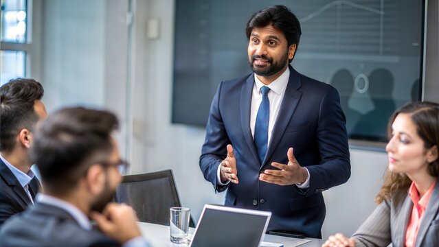 An Indian professional presenting a strategy for digital transformation to a team.	
