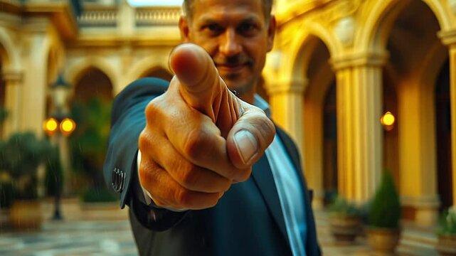 Man pointing directly at the camera with confident intent