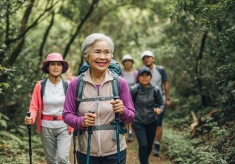 Senior woman leading group of hikers on a trail through a forest