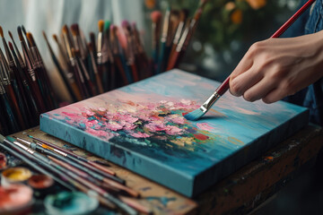 A person is painting a picture of flowers on a canvas