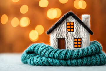 Cozy knitted house model wrapped in warm scarf, symbolizing home comfort and warmth during winter. Perfect for real estate and home insurance themes