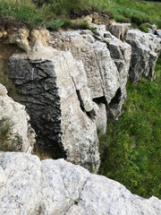 Rugged cliff edge with exposed rock and lush green vegetation