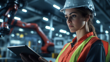 A female factory worker in a hardhat and reflective vest uses a tablet, skillfully monitoring a robotic armâs movement in an organized, high-tech manufacturing space.