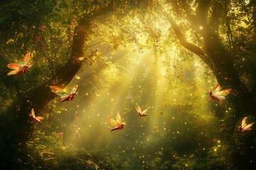 Bright butterflies flutter among the vibrant foliage, capturing a sense of wonder as sunlight streams through the trees in a lush forest. Generative AI