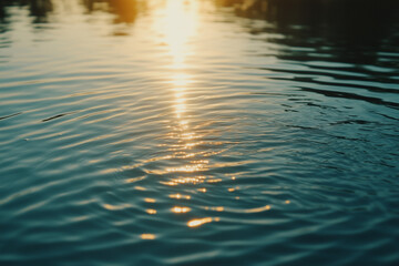Gentle ripples cascade across the smooth surface of a tranquil lake, as the warm glow of the setting sun casts shimmering patterns, creating a peaceful ambiance that soothes the soul. Generative AI