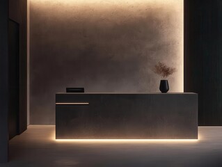 minimalist hotel reception with a sleek desk and contemporary design, conveying a sense of sophistication and welcoming ambiance, enhanced by subtle lighting