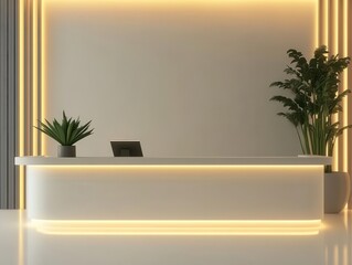 minimalist hotel reception with a sleek desk and contemporary design, conveying a sense of sophistication and welcoming ambiance, enhanced by subtle lighting
