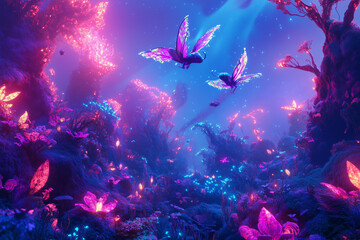 A magical world comes alive with colorful, luminescent flora and enchanting flying creatures soaring through the air, inspiring awe and happiness. Generative AI