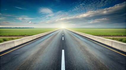 Fototapeta premium Asphalt road stretching towards a bright horizon, flanked by concrete barriers and lush green fields under a partly cloudy sky.