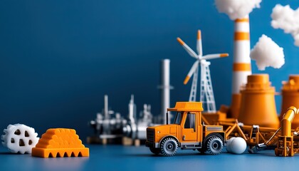 A colorful miniature industrial scene featuring a truck, wind turbine, and power plants against a blue background.