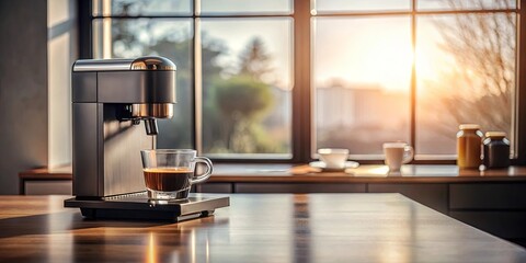 Modern espresso machine brewing rich coffee in a glass cup on a kitchen counter bathed in warm sunlight