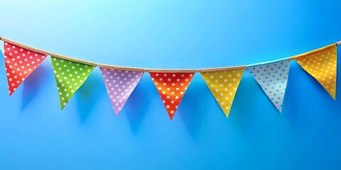 Fototapeta premium A vibrant string of colorful polka dot pennants against a bright blue background, perfect for celebratory occasions