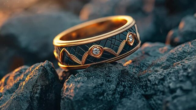A close-up of a gold band with a dark blue inlay and diamonds set in the design.