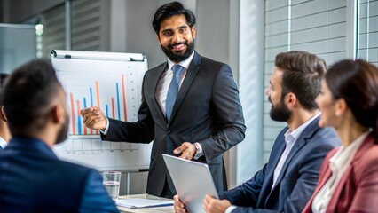 An Indian professional presenting a sales forecast to team members.	
