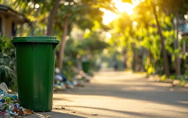 A green trash bin stands beside a sunlit pathway, surrounded by lush greenery and scattered litter, highlighting urban waste management.