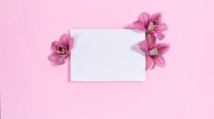 White rectangular background is decorated natural orchids flowers buds. Pink background.