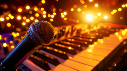 Obraz premium Microphone on a piano keyboard, bathed in warm stage lighting, suggesting a live music performance or recording session. Perfect for music, entertainment, and performance concepts.