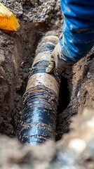 Close-up of a Construction Worker Repairing an Underground Pipe