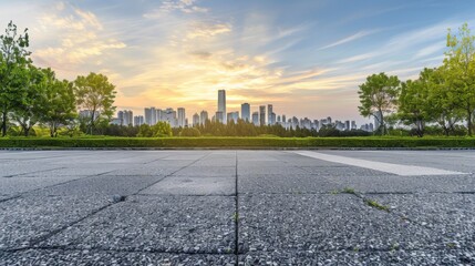 Fototapeta premium Empty square floor with city skyline background, Urban plaza in the night, city lights