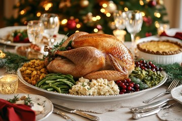 Traditional Christmas dinner table with capon, turkey, side dishes, pumpkin pie, and glowing tree, festive holiday setting.