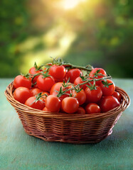 A bunch of cherry tomatoes with fresh green stems