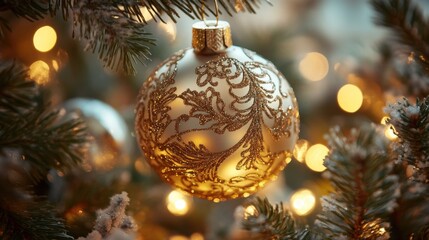 A Glittering Gold Christmas Ornament on a Decorated Tree