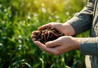 Farmer showcasing earthworms in fertile soil, highlighting sustainable agriculture and soil health in a lush green field