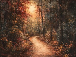 Obraz premium moonlit path winding through vibrant autumn foliage, warm hues of orange and red reflected in a tranquil forest, soft ethereal glow illuminating the scene, inviting exploration