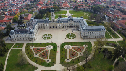 Aerial view of the grandeur of Festetics Palace in Keszthely, Hungary, surrounded by meticulously...