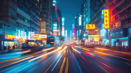 Fototapeta premium A vibrant cityscape at night, showcasing illuminated buildings and busy traffic trails.