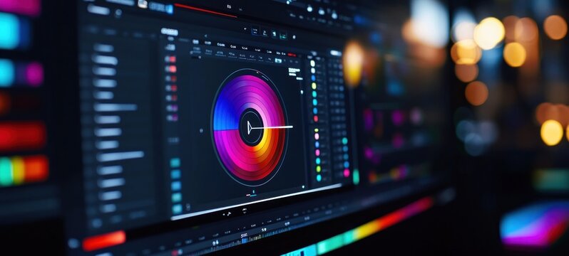 Color Grading Software Interface:  A vibrant digital workspace showcasing advanced color correction tools and a precise color wheel.