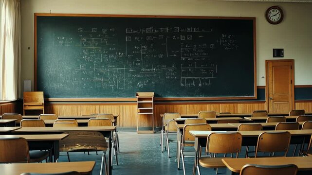 An empty classroom setting is portrayed, with a prominent blackboard full of math equations and diagrams, indicative of a recent intense study or teaching session. Video