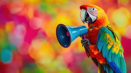 Colorful parrot holding a megaphone against a vibrant background
