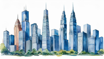 Fototapeta premium Watercolor painting of skyline with towering skyscrapers. Modern architecture, buildings.