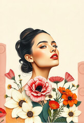 Fototapeta premium Portrait of a woman with flowers outdoor garden digital art vibrant colors close-up beauty and nature concept