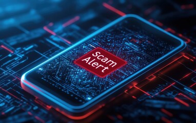 A smartphone displays a "Scam Alert" notification, emphasizing the importance of cybersecurity and awareness in the digital age.