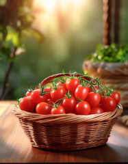 A bunch of cherry tomatoes with fresh green stems