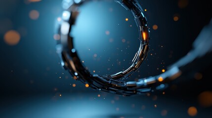 A floating metallic ring with segments and glowing sparks in motion, evoking a sense of futuristic design and dynamic energy in a dark space.
